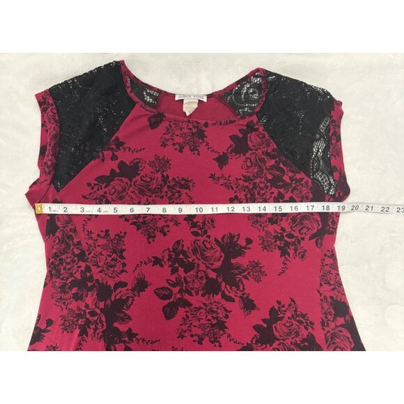 Carol Rose Floral Whimsigoth Burgundy Top W/ Black Lace Short Sleeve Womens XL - Picture 7 of 10